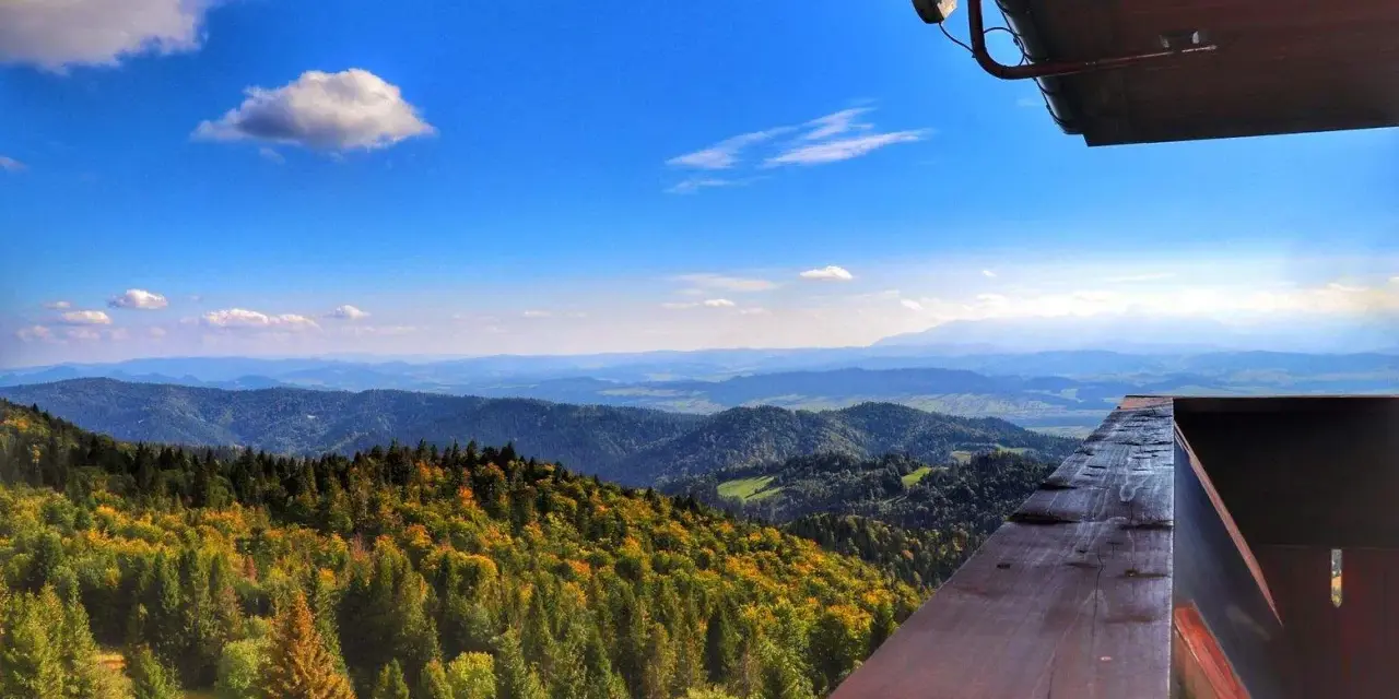 Widok z wieży widokowej na Beskid Sądecki. Jesienne kolory lasów i łagodne wzgórza zachęcają do odkrywania ochotnica górna szlaki.