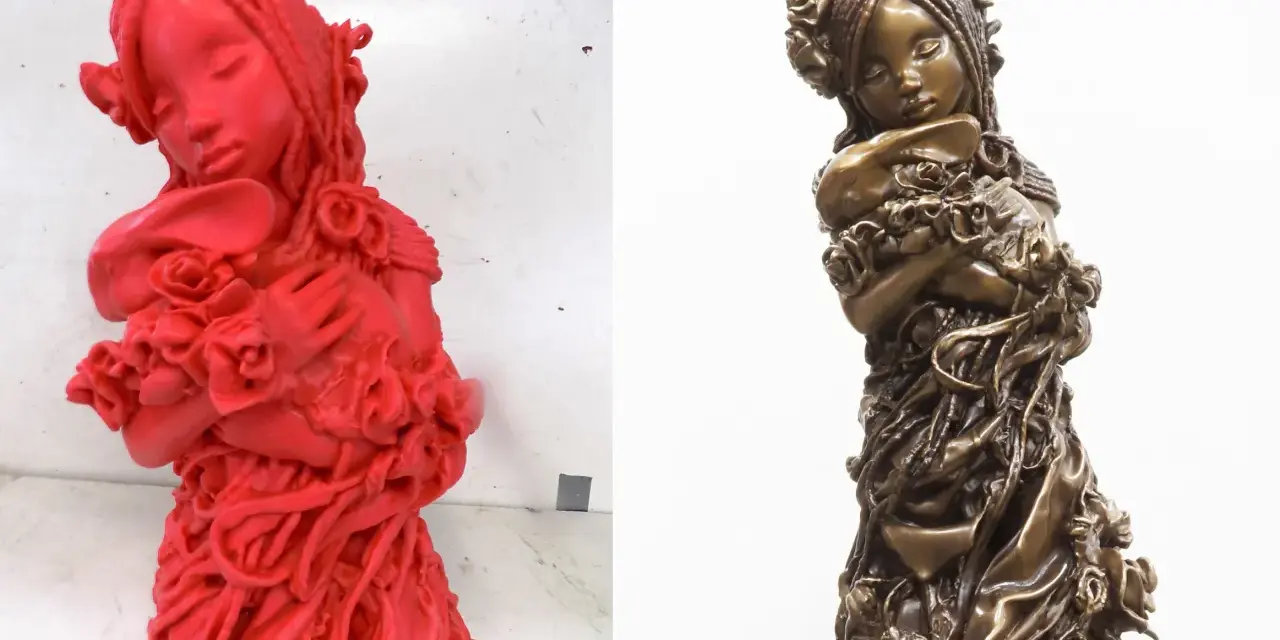 A red 3D printed model of a girl holding flowers, ready for casting, compared to the finished bronze sculpture.