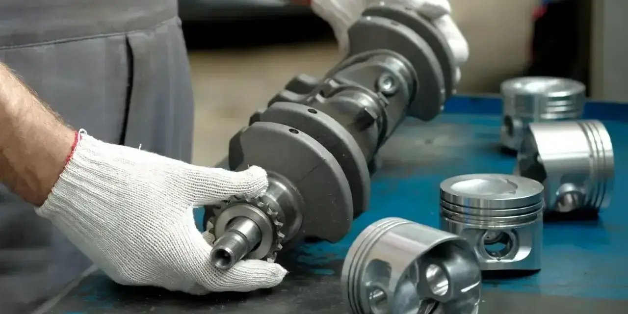 Mechanik w białych rękawiczkach trzyma wał korbowy, obok leżą tłoki. Uszczelniacz na wale jest kluczowy dla silnika.