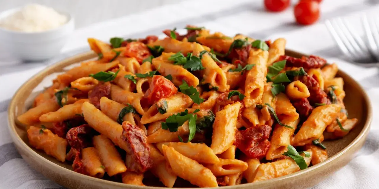 Penne z sosem pomidorowym i suszonymi pomidorami, posypane świeżą natką pietruszki. Idealne danie na szybki obiad.