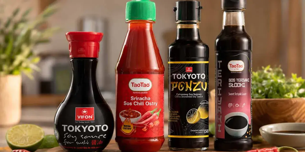 Cztery butelki sosów: sos sojowy Tokyoto, ostry sos chili Sriracha, cytrusowy sos ponzu i słodki sos teriyaki. Najlepszy sos sojowy do sushi.