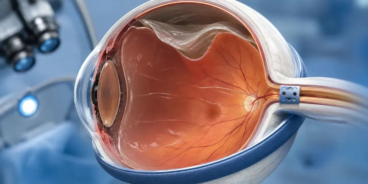 Dettaglio anatomico dell'occhio con il vitreo trasparente, pronto per un emovitreo intervento. Si intravede un microscopio chirurgico.
