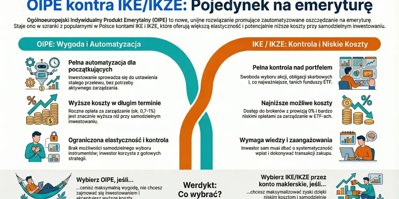 OIPE vs IKE/IKZE: porównanie automatyzacji i wygody z kontrolą i niskimi kosztami. Wybierz OIPE dla łatwego inwestowania, IKE/IKZE dla samodzielnego budowania portfela.