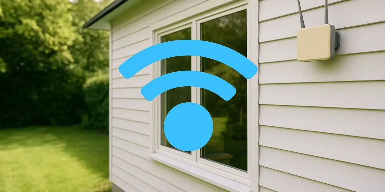 Ein WLAN-Symbol über einem Fenster und ein Router an der Hauswand signalisieren: Internet im Garten ist möglich.