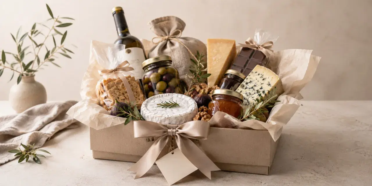 En lyxig presentkorg fylld med ost, kex, oliver, marmelad, choklad och vin. Perfekt för en gourmand.