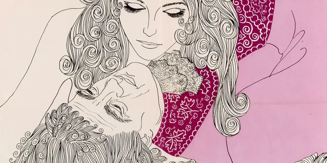 Dessin d'un homme et d'une femme enlacés, aux cheveux bouclés. L'homme, au regard clos, semble inspirer une **sade ecrivain** qui le contemple tendrement.