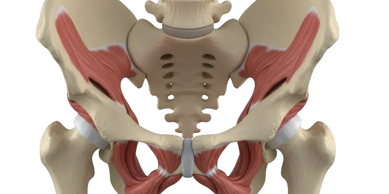 Anatomical model showing the pelvic bones and muscles, including the deep muscles of the pelvic floor, which are crucial for supporting the organs of the pelvis.