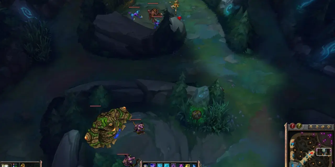 Widok z gry League of Legends na mapie Summoner's Rift, z potworami i graczami.