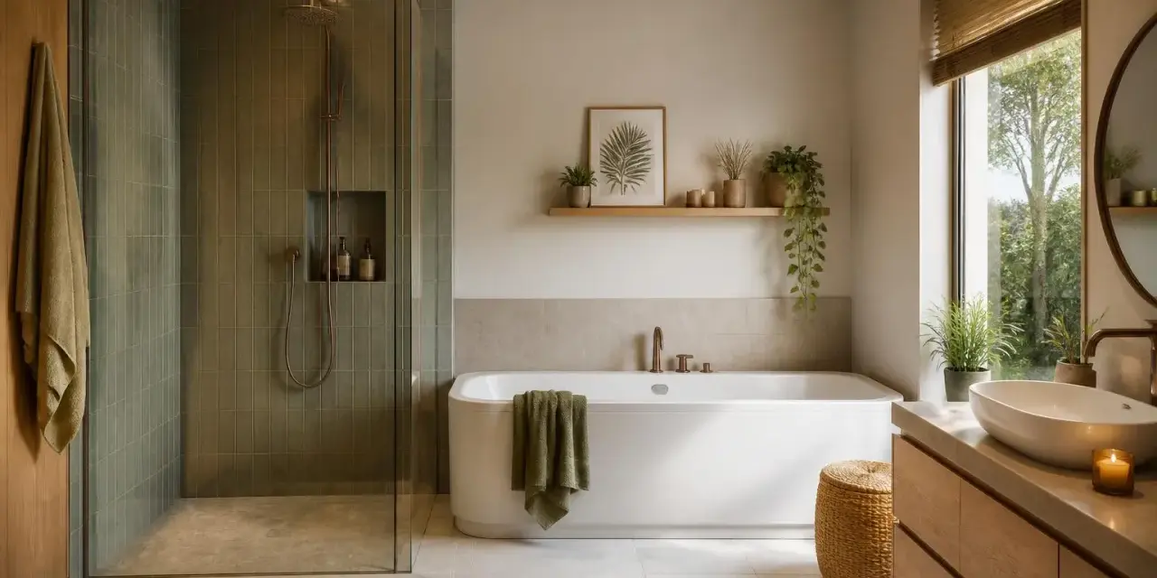 Salle de bain moderne avec douche vitrée, baignoire spacieuse pour un bain relaxant de plusieurs litres, et lavabo en pierre naturelle.