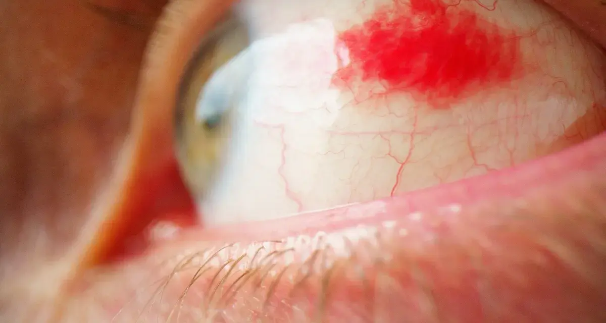Un occhio umano con la sclera arrossata e una macchia di sangue visibile. Le ciglia sono sfocate in primo piano, mentre l'iride verde-marrone è parzialmente visibile.