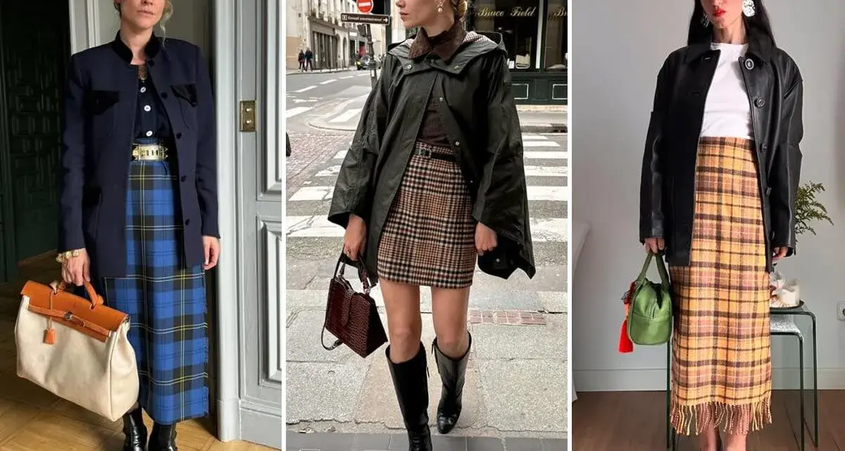 Tre donne sfoggiano gonne con la classica trama Burberry: una blu, una marrone e una gialla.