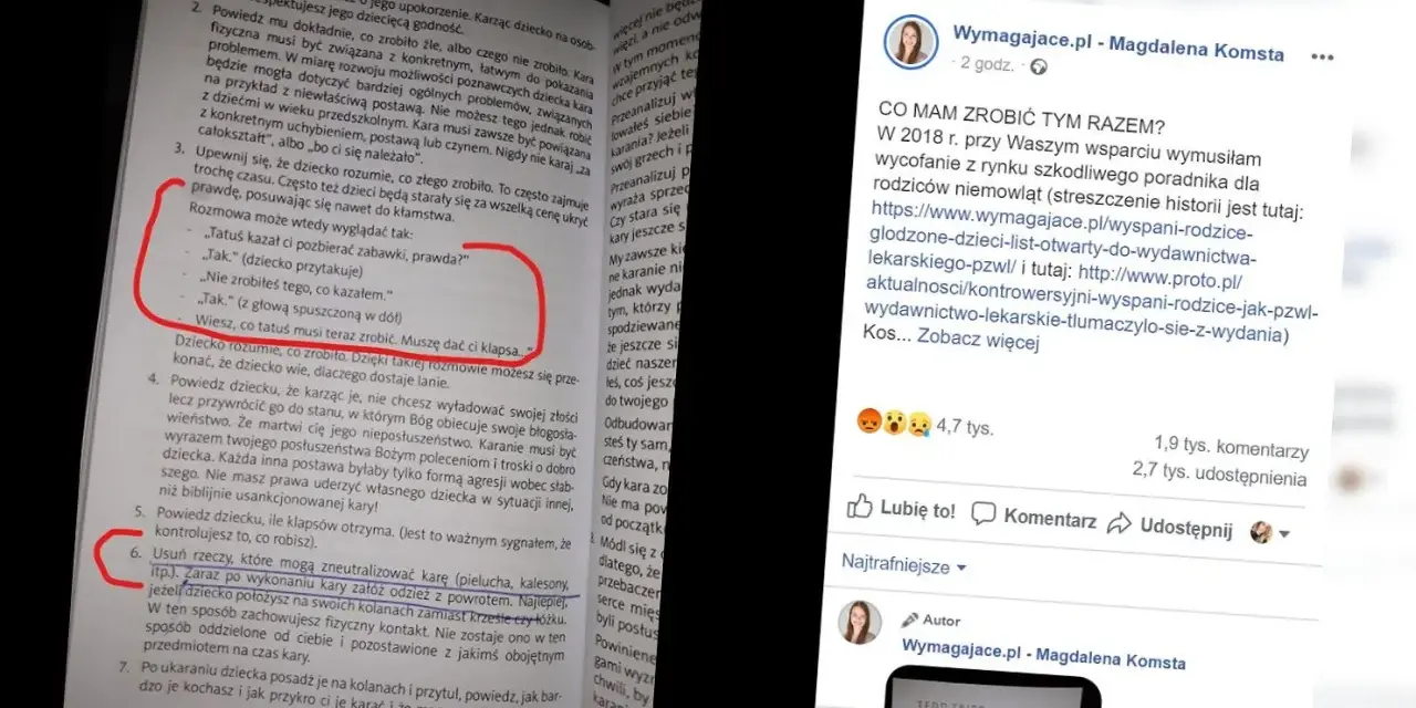 Rodzice rozmawiają z dzieckiem o karze. W tle widać fragment książki o wychowaniu, gdzie mowa o przysiędze małżeńskiej.