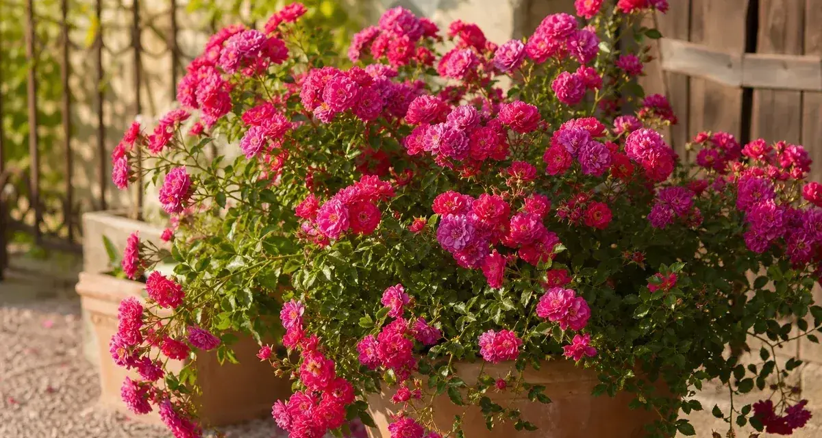 Üppige, pinke Rosenbüsche in Terrakotta-Töpfen, die zum Rosen pflanzen einladen. Ein Hauch von Sommer.