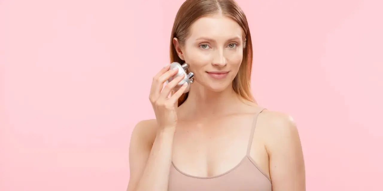A woman demonstrates how to use a face massager on her cheek, showing a simple skincare routine.