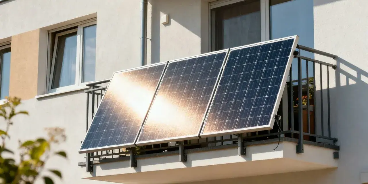 Nowoczesna fotowoltaika na tarasie, zbierająca energię słoneczną. Panele zamontowane na balustradzie budynku mieszkalnego.