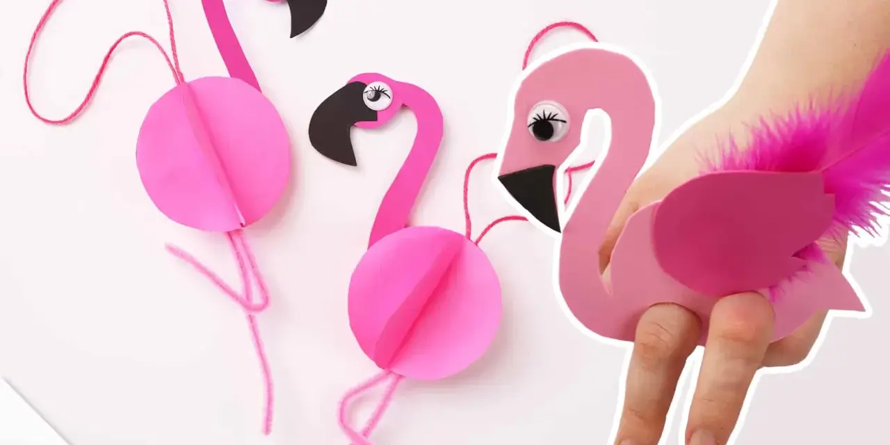 Pink paper flamingos, perfect for flamingo basteln! One is worn on a hand like a puppet, adorned with a fluffy pink feather.