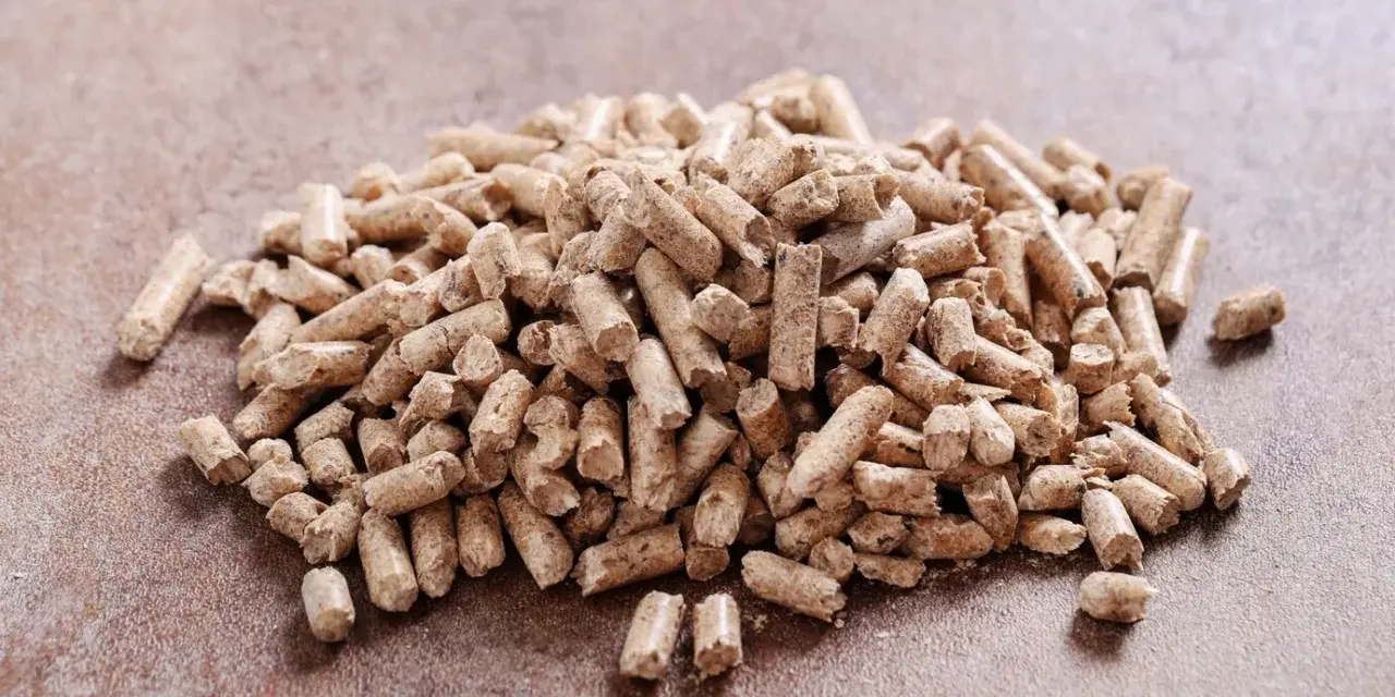 Un mucchio di pellet di abete rosso o bianco, combustibile ecologico per il riscaldamento domestico, su una superficie ruvida.