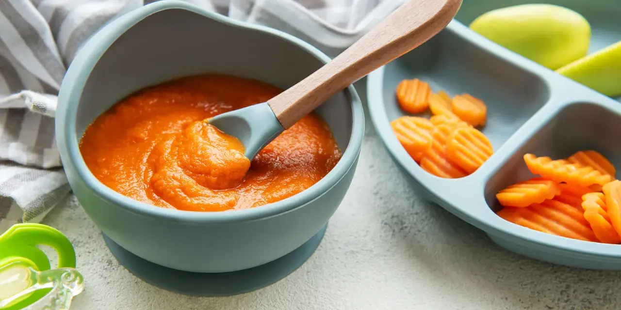 Karottenpüree und geschnittene Karotten auf einem Baby-Teller, bereit für leckere Beikost-Rezepte. Ein Löffel mit Püree ist in der Schüssel.