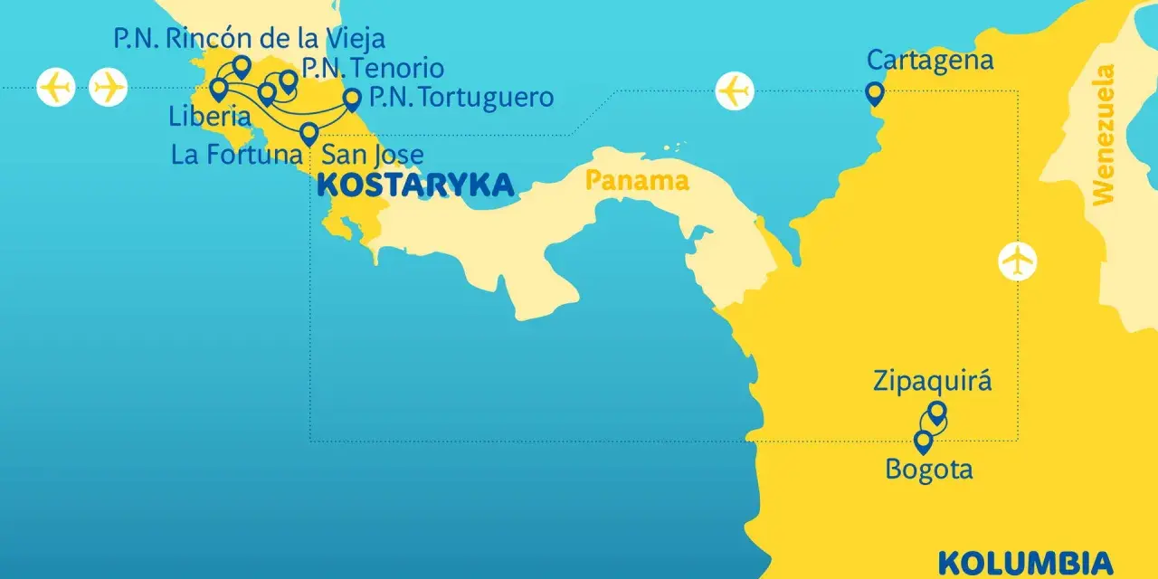 Mapa pokazuje, gdzie leży Kostaryka, między Nikaraguą a Panamą. Zaznaczone są lotniska i główne miasta.