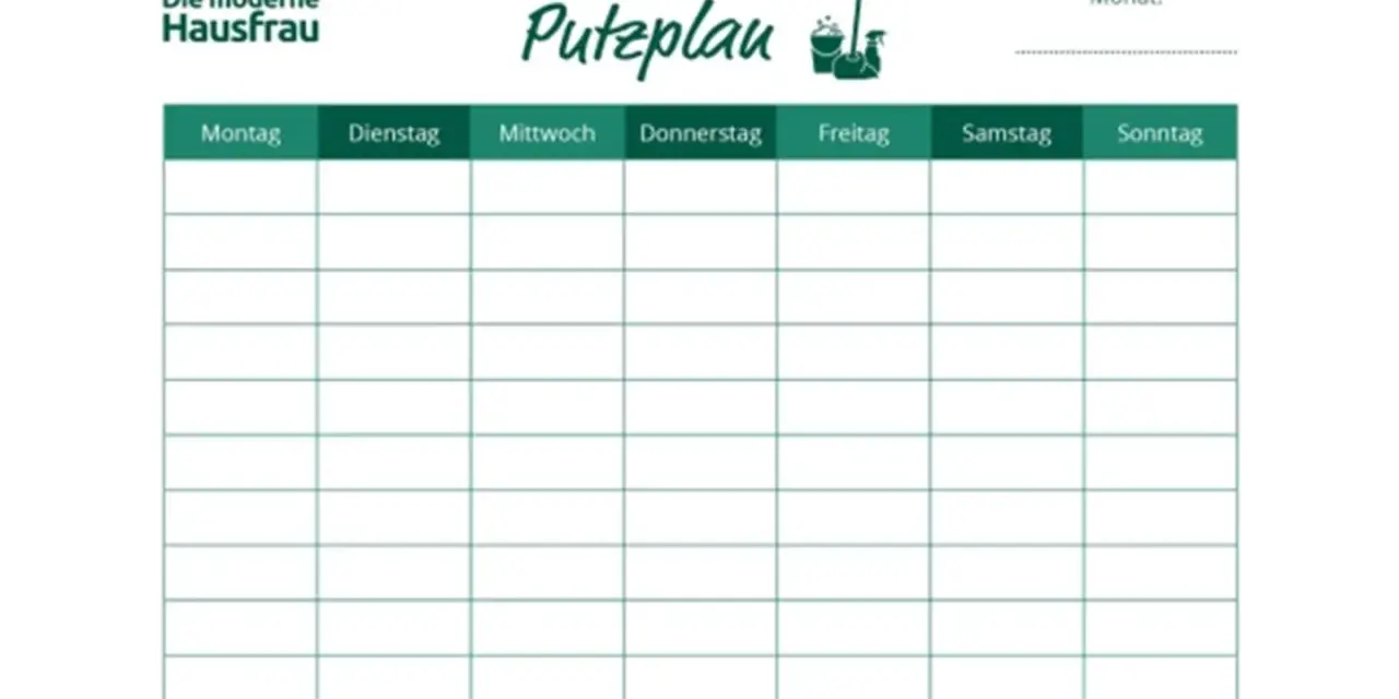 Eine Haushaltsplan Vorlage mit Wochentagen von Montag bis Sonntag. Perfekt für die Organisation der Hausarbeit.