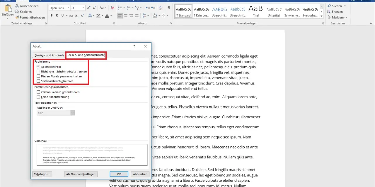 Dialogfenster "Absatz" in Word, Reiter "Zeilen- und Seitenumbruch" mit Optionen zur Textformatierung, z.B. Absatzkontrolle.
