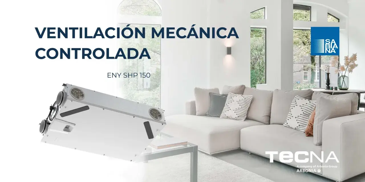 Sistema de ventilación forzada para un hogar moderno. El equipo ENY SHP 150 se integra discretamente en un salón confortable.