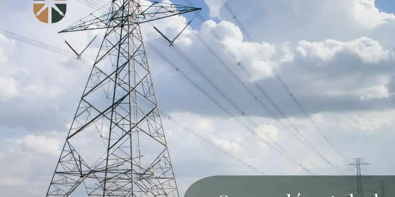 Wysoki słup energetyczny na zielonej łące. Dowiedz się, ile za słup energetyczny na działce, zanim zaczniesz budowę.