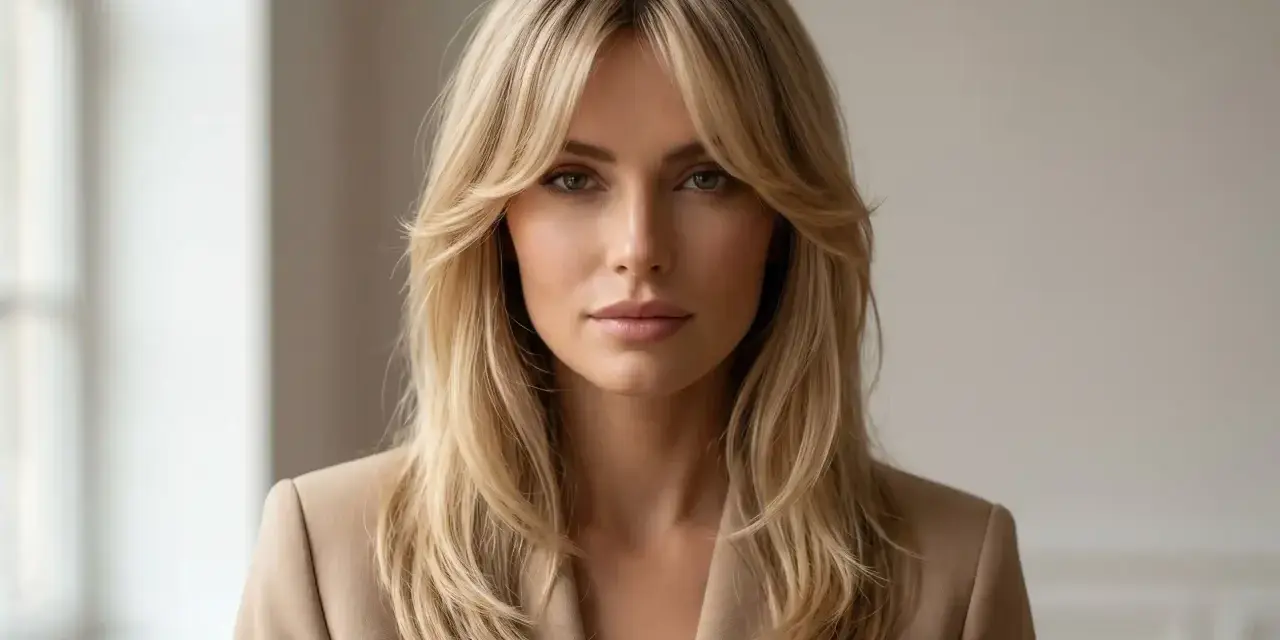 Kobieta w beżowej marynarce z blond włosami i stylową grzywką curtain bangs. Idealna fryzura dla każdej kobiety, która chce podkreślić swoją twarz.