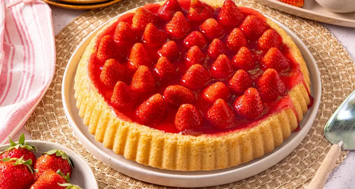Ein köstlicher Erdbeerkuchen mit frischen Erdbeeren und Gelee. Dieses Erdbeerboden Rezept ist perfekt für den Sommer.