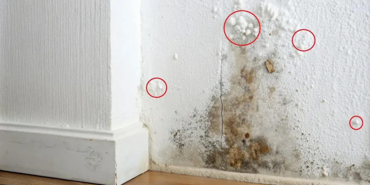 Schimmelbefall an einer weißen Wand, mit roten Kreisen, die kleine weiße Schimmelpunkte markieren.