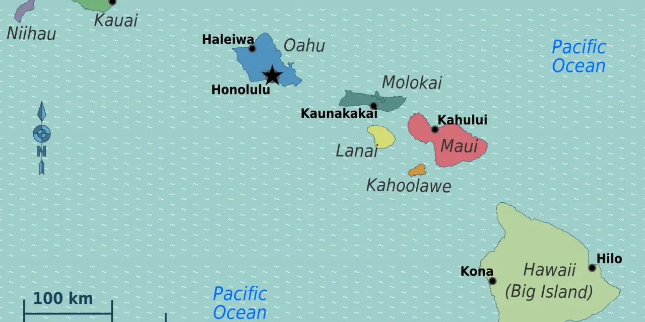 Mapa pokazuje, gdzie leżą Hawaje na mapie Pacyfiku, z zaznaczonymi wyspami: Kauai, Oahu, Maui, Molokai, Lanai, Kahoolawe i Hawaii (Big Island).