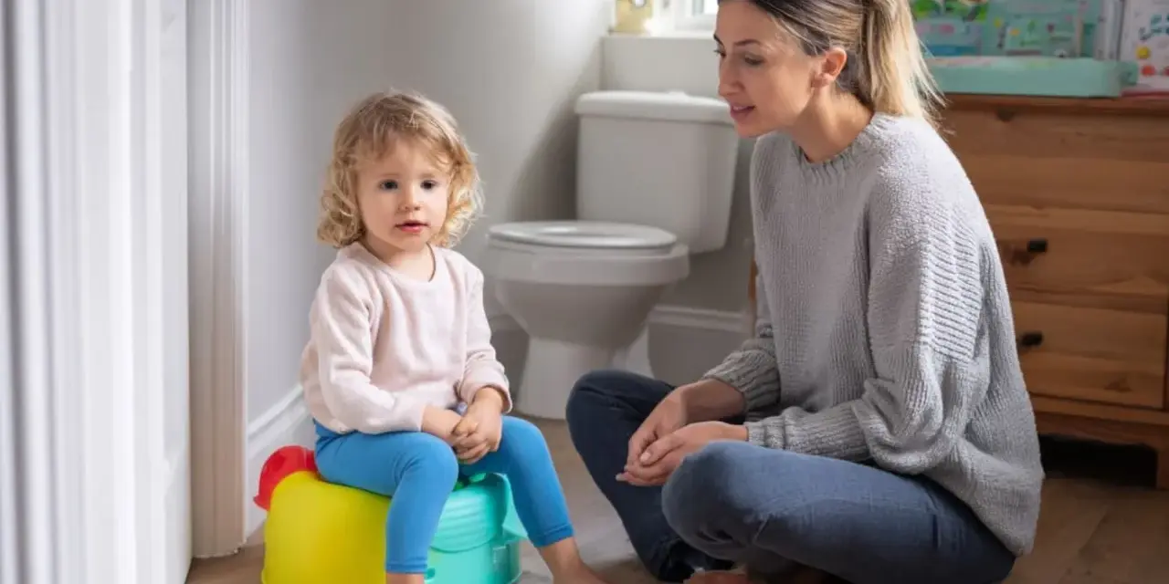 Mama uczy dziecko korzystać z nocnika. Mała dziewczynka siedzi na kolorowym nocniku, a mama siedzi obok, wspierając ją.