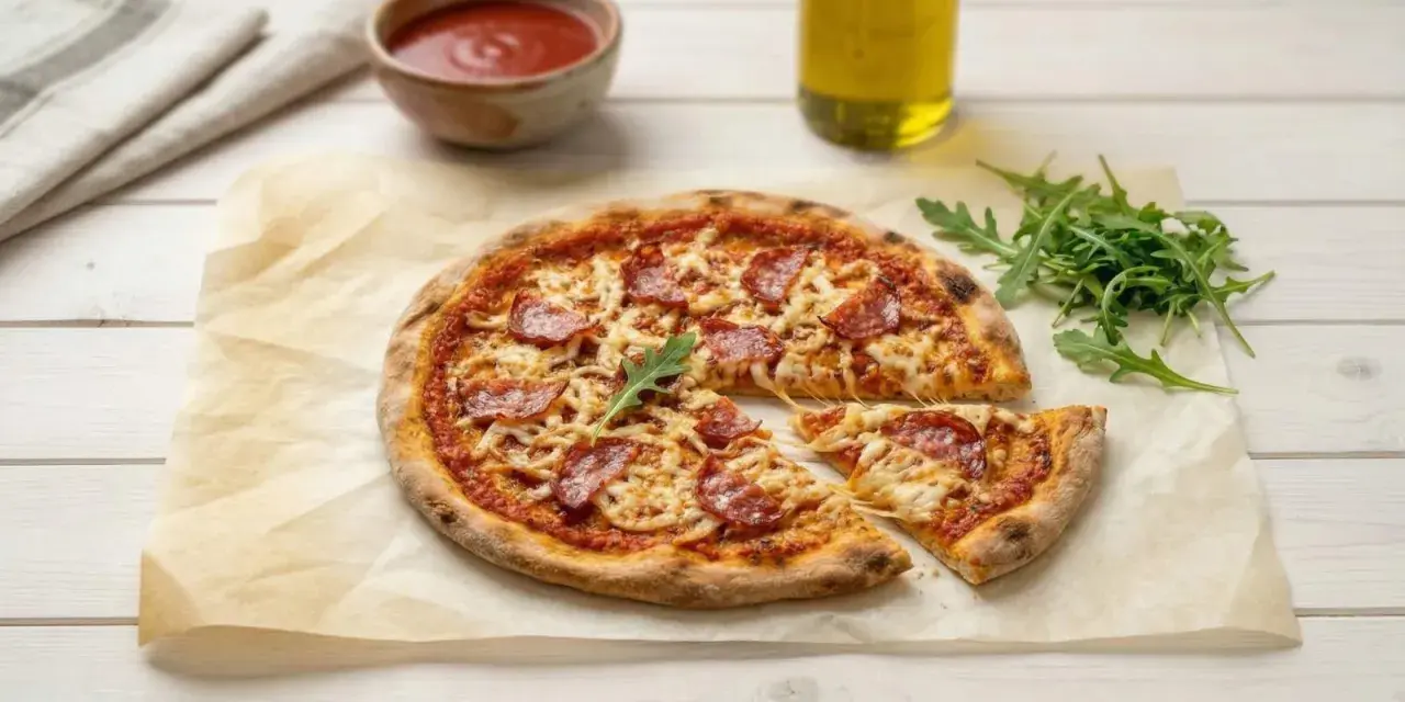 Pyszne, chrupiące ciasto na pizzę bez wyrastania z pikantnym salami i ciągnącym serem. Idealna na szybki obiad.