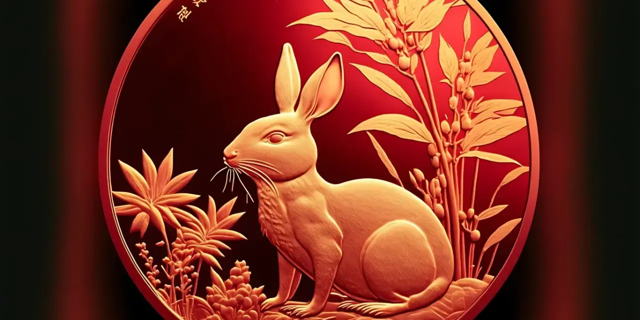Złoty królik na tle roślinności, symbol chińskiego znaku zodiaku 1987.