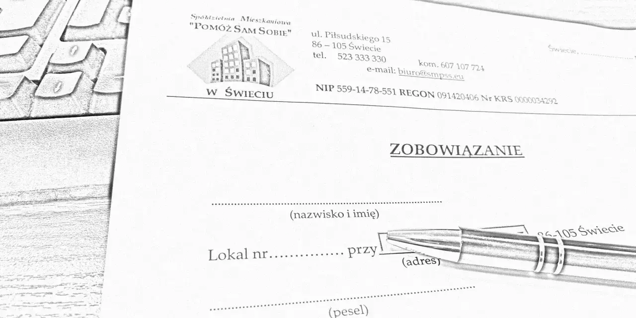 Szkic dokumentu "Zobowiązanie" spółdzielni mieszkaniowej z długopisem.
