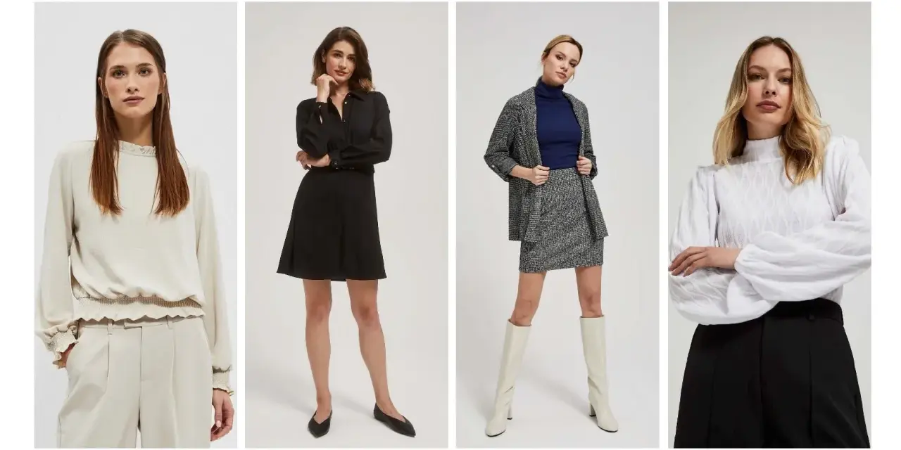 Eleganckie stylizacje do szkoły: beżowy komplet, czarna sukienka, tweedowy zestaw i biała bluzka z czarnymi spodniami.