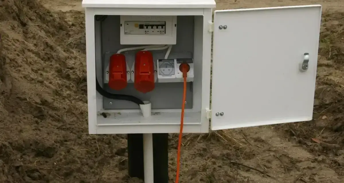 Skrzynka elektryczna z zabezpieczeniami i gniazdami, gotowa do tauron przyłączenie prądu do działki. Pomarańczowy kabel wpięty do gniazda.