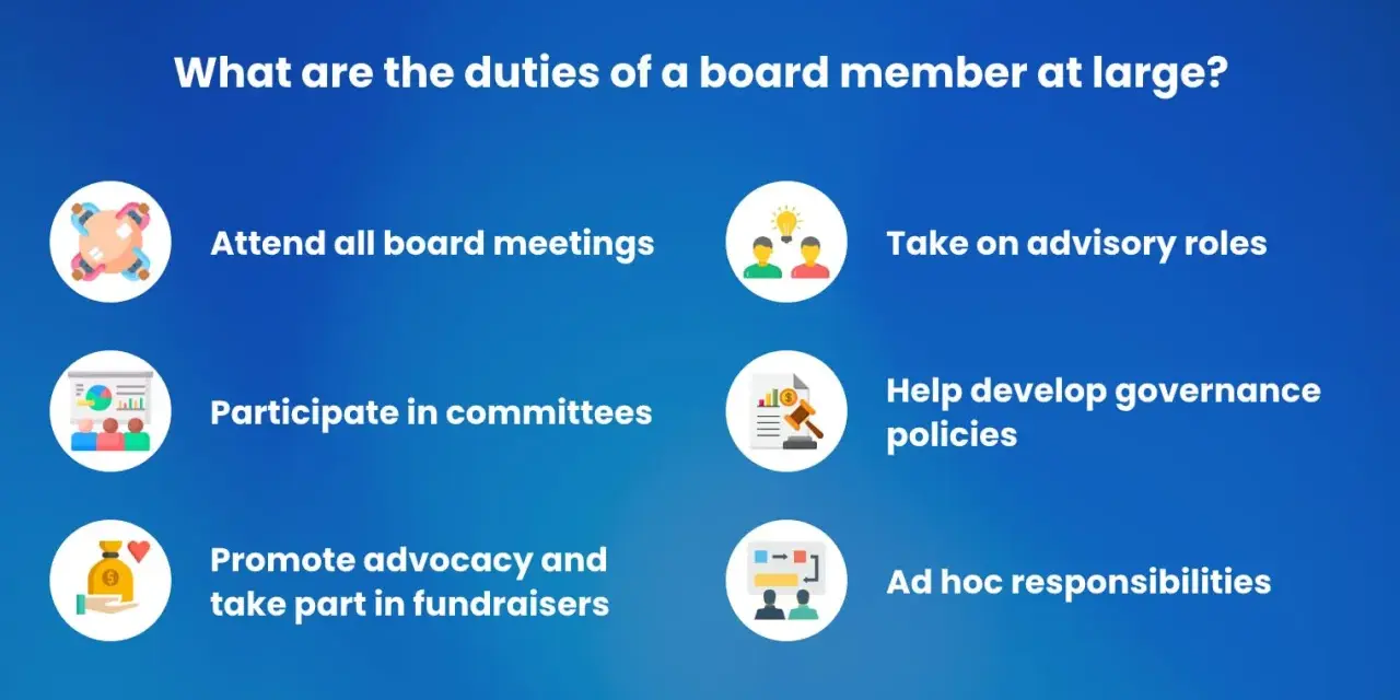 Duties of a board member at large: attend meetings, participate in committees, promote advocacy, take advisory roles, help develop policies, and handle ad hoc responsibilities.
