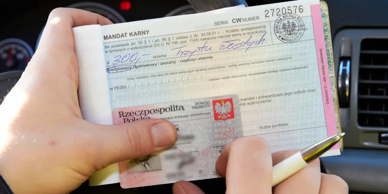 Ręka trzyma mandat karny na 300 zł i dowód osobisty. Ktoś wypełnia dokument, być może to mandat za parkowanie.