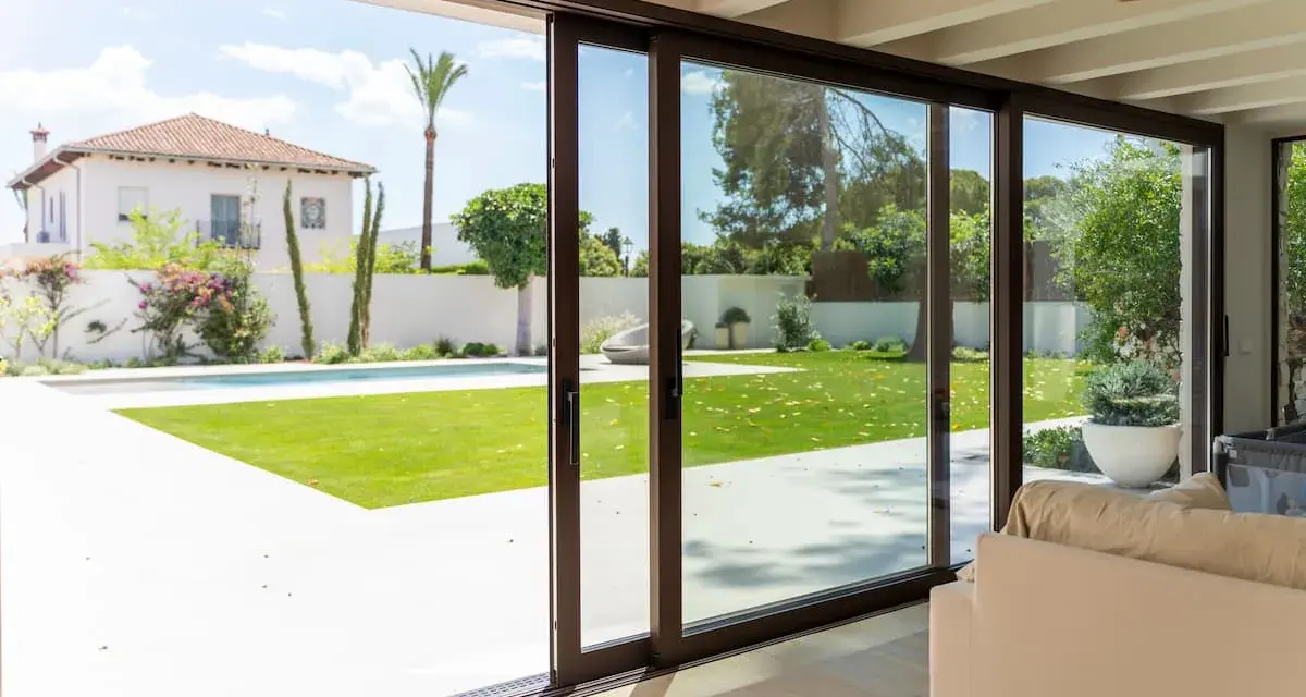 Amplias puertas correderas de cristal conectan el interior con un jardín con piscina, permitiendo una ventilación natural y la entrada de luz.