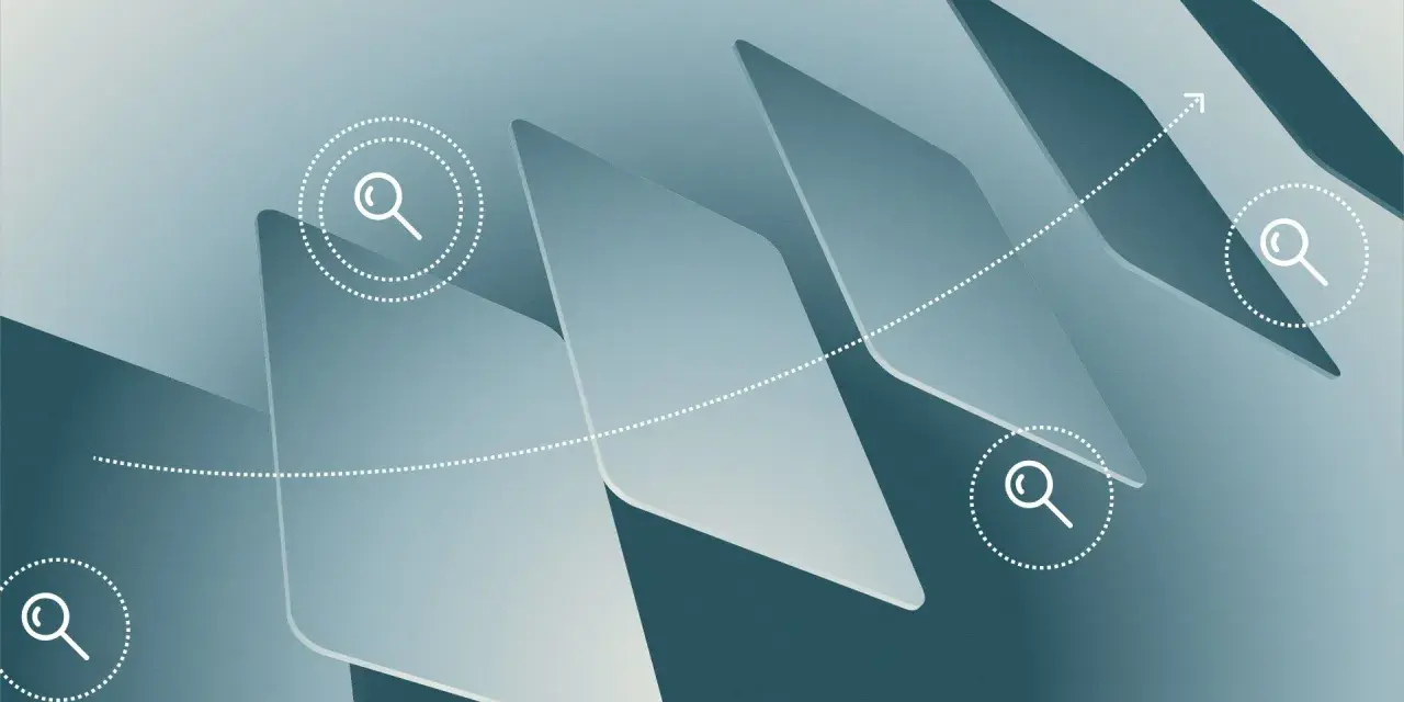 Abstract geometric shapes with magnifying glass icons and a dotted line with an arrow, symbolizing the search for business credit with no personal guarantee.
