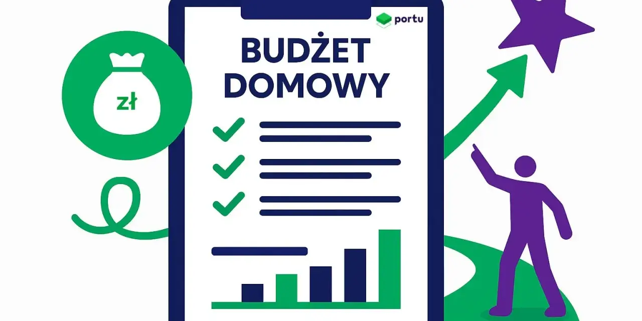 Zadbaj o swój budżet domowy! Ikony symbolizują finanse, cele i rozwój.
