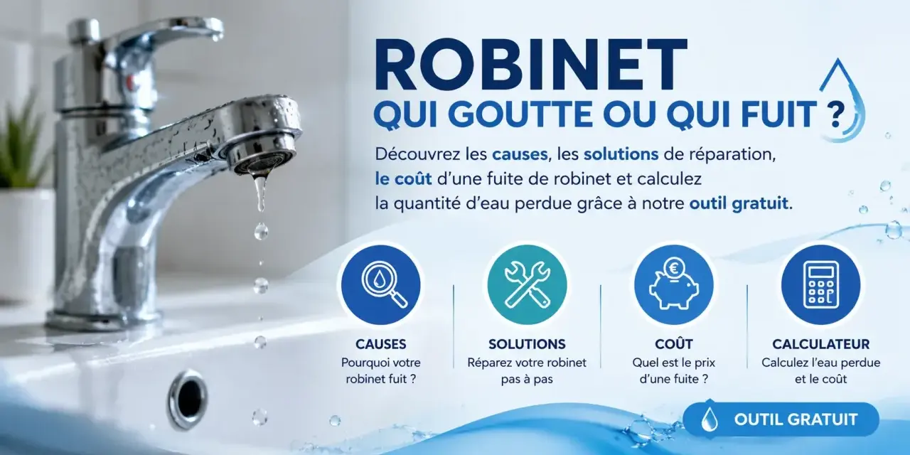Un robinet chromé goutte dans un lavabo blanc. Le texte explique pourquoi un robinet goutte et propose des solutions.