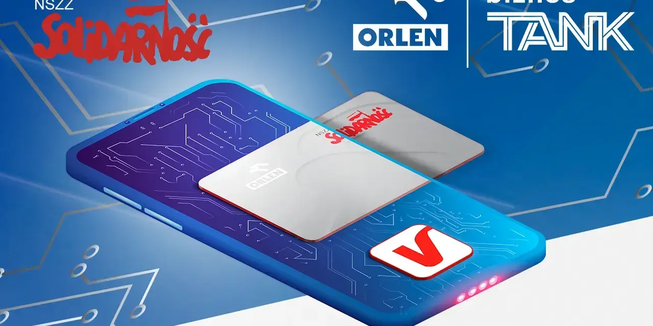 Smartfon z kartami Orlen i Solidarność, symbolizujący cyfrową rewolucję w ramach biznestank.