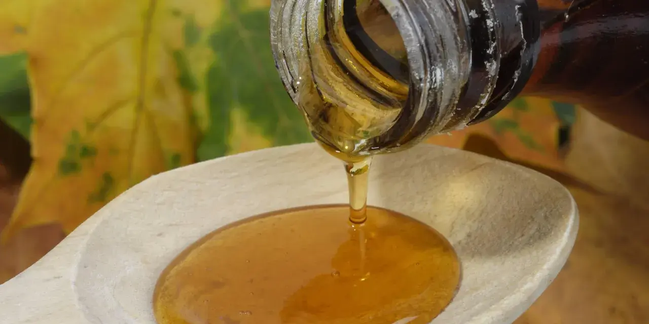 Ahornsirup tropft aus einer Flasche auf einen Holzlöffel. Die Frage, ob kann ahornsirup schlecht werden, beschäftigt viele.