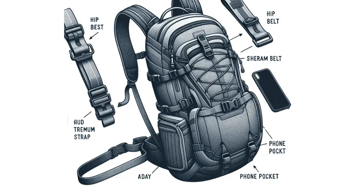 Ilustración detallada de las partes de una mochila escolar, mostrando correas, cinturones y bolsillos para el teléfono.