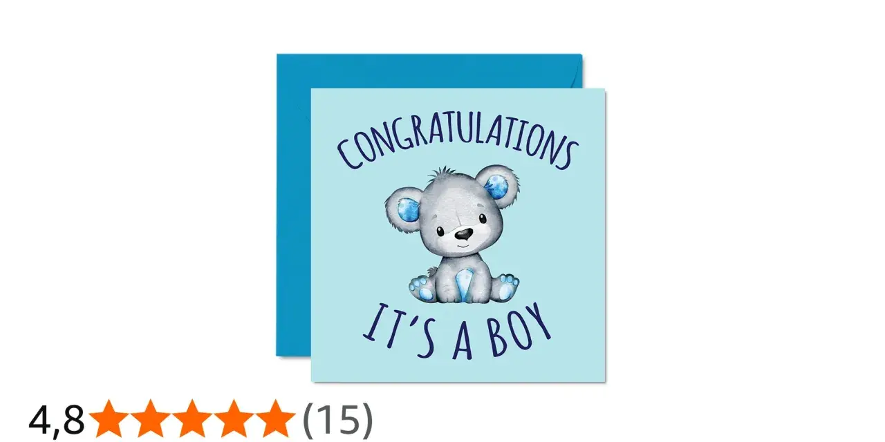 Sött kort till nyfödd med en björn som säger "Congratulations, it's a boy". Perfekt för att fira en ny liten kille!