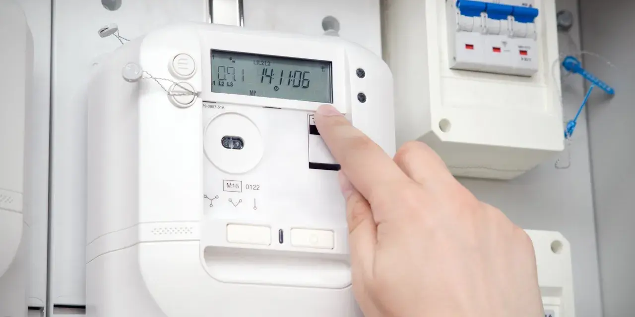 Dłoń naciska przycisk na ekranie inteligentnego licznika energii elektrycznej. Obok widoczny jest wyłącznik.
