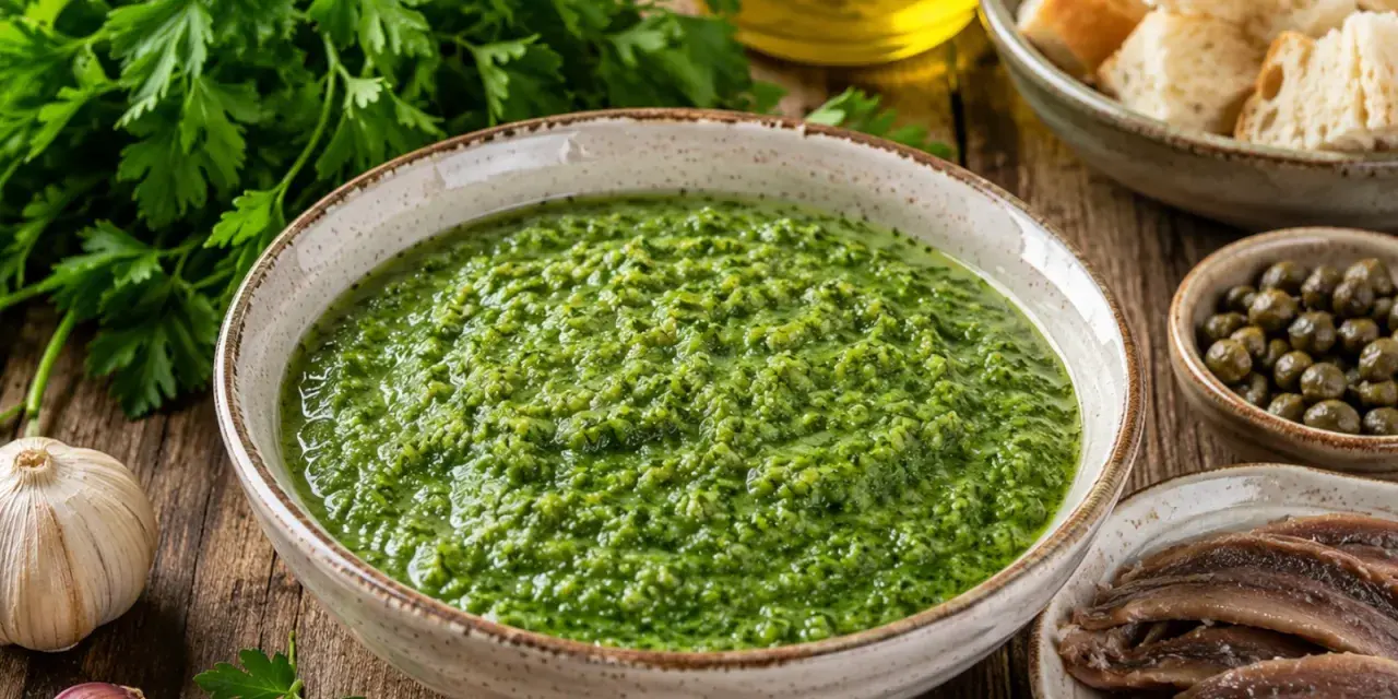 Una ciotola di salsa verde, perfetta per la tua ricetta, con ingredienti freschi come prezzemolo, aglio, capperi e acciughe.