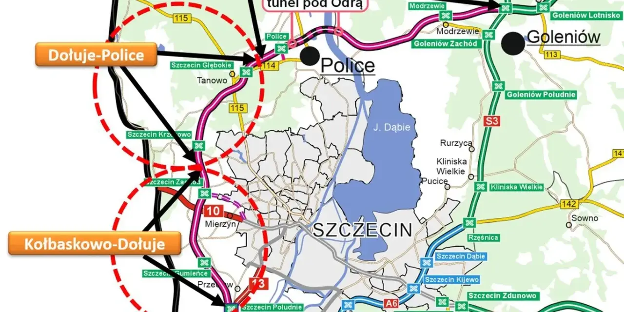Mapa zachodniej obwodnicy Szczecina z zaznaczonym tunelem pod Odrą, drogami S3, S6, A6 i innymi trasami.